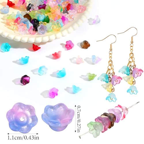 100PCS Glass Bellflower Beads, Colorful Trumpet Flower Beads for Jewelry Making, Cute Floral Beaded Charms for DIY Necklace, Earrings, Bracelets, Crafts (11mm)