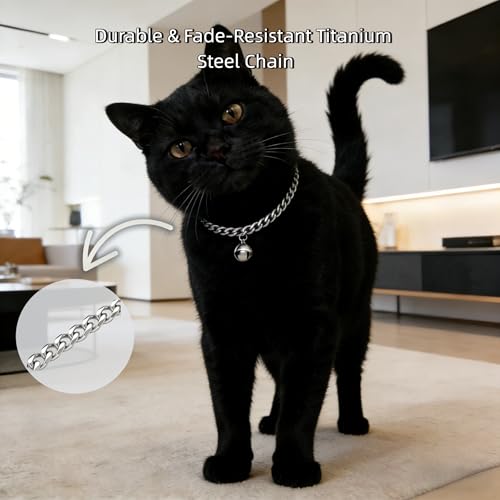 Silver Cat Chain Collar with Removable Bell,Adjustable Cuban Link Metal Necklace, Cute Pet Jewelry for Cats & Small Dogs