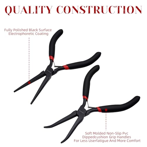 WISEUP 6" Mini Needle Nose Pliers Set，2-Piece Small Long Reach Bent Needle Nose Pliers for Jewelry DIY Craft，Repair & Wire Wrapping