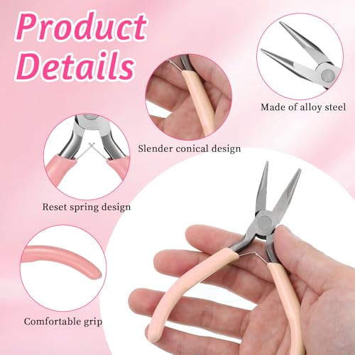 Mini Needle Nose Pliers Set, 2Pcs Needle Nosepliers for Jewelry Making, Pink Jewelry Chain Nose Plier, Small Craft Plier with Smooth Jaw and Comfort Grip Handle for Wire Bending Object Grasping - color: Pink