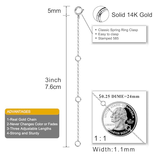 14K Solid Gold Necklace Extender Real Bracelet Extender 2 3 4 Inch Durable Adjustable Chain Gold Anklets Extension for Women 2" 3" 4" (14K White Gold-3 IN) - color: 14K White Gold-3 IN