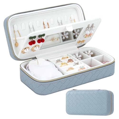 DesignSter Travel Jewelry Case, Woven Embossed PU Leather Jewelry Organizer with Mirror, Small Portable Jewelry Box for Women Rings Necklaces Bracelets Earrings - color: Blue