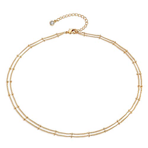 MEVECCO Dainty Gold Chain Choker Necklace 14K Gold Plated Handmade Boho Cute Tiny Beaded Link Choker Necklace Delicate Simple Minimalist Choker Necklace for Women - style: Two Layered Bead Chain GD