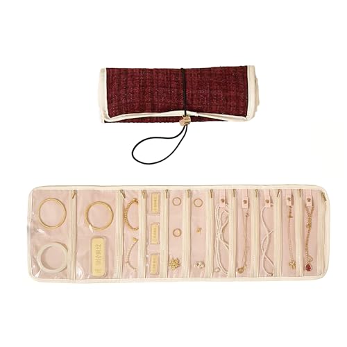 Portable Jewelry Roll Bag, Foldable Travel Jewelry Organizer Case with Zippered Pockets, Jewelry Storage Bag, Roll Up Jewelry Organizer Bag for Journey Rings, Necklaces, Earrings, Bracelets (Claret) - color: Claret