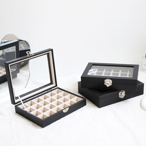 Wudygirl Jewelry Organizer Small Jewelry Box Jewelry Tray with Lid Velvet Earring Organizer Jewelry Earrings Holder Ring Display Storage Ring Box for Women 24 Grid (Black) - style: Black 24 Grid