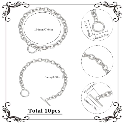 SUNNYCLUE 10Pcs Toggle Bracelets Stainless Steel Bracelet Chains Bulk Silver Metal Adjustable OT Charm Links Bangles Cable Chain with Toggles Clasps for Jewelry Making DIY Crafts Women Accessories