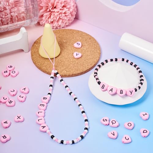 Cheriswelry 100pcs Pink Heart Acrylic Letter Mixed Opaque Black Alphabet Spacer Beads 10.5x11.5mm for DIY Craft Jewelry Making - color: Pink Heart Letter Beads