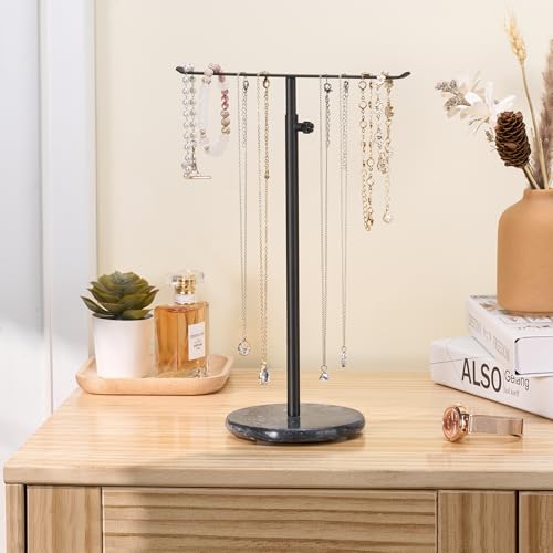 Black Necklace Holder Jewelry Organizer Stand – Adjustable Height T‑Bar Jewelry Display with Dark Gray Marble Base, Necklace & Bracelet Holder, Countertop Jewelry Rack - color: Black