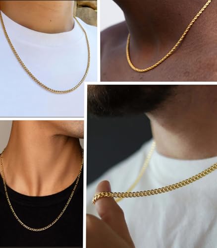 Stackable Gold/Silver Chain for Men, 6/7 Pcs Stainless Steel Cross Chain Mens Necklace Jewelry Set for Men, 5/6 Chains + 1 Cross Pendant
