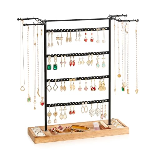 Pinzoveco Jewelry Organizer, 4 Tier Earring Holder Organizer with Base Tray, Jewelry Holder Organizer Stand for Necklaces Holder, Rings, Bracelets, Jewelry Display and Storage, Black & Brown - color: Black and Brown