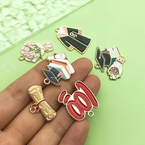 24pcs Alloy enamel graduation season set graduation hat diploma academic dress bouquet Pendant Jewelry Making DIY Keychain Earrings Pendant Various Design Charms for Jewelry Making Bracelets Necklace (SN722) - color: SN722