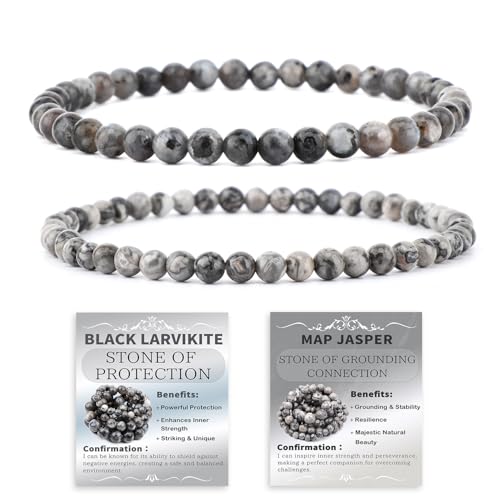 NCB 2.3-Piece 4mm Natural Crystal Gemstone Stretch Bracelets – Handmade Reiki Energy Healing Jewelry for Meditation,Yoga, Unisex - color: 2PCS ( Black Larvikite+Map Jasper ), size: 4mm