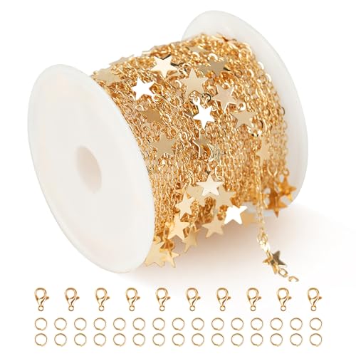 Kyutong 5 Meters Gold Chain for Jewelry Making Dangling Star Cable Chain Links Women Necklace Chain Bulk with Lobster Clasps Jump Rings for Jewelry Making Supplies - color: Gold Star