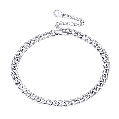 U7 Women Girls Barefoot Jewelry 18K Gold or Rose Gold Stainless Steel Heart/Rope/Figaro/Cuban Chain Anklet Foot Bracelet, 25-30 CM Long - color: Stainless Steel-5mm-Curb Chain