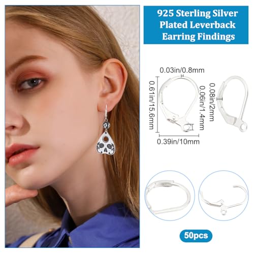 Beebeecraft 1 Box 50Pcs Leverback Earring Findings 925 Sterling Silver Plated French Earring Hooks 15.6x10x2mm Interchangeable Dangle Ear Wire Findings for Jewellery Making - color: 15.6x10mm Silver Earring Hooks