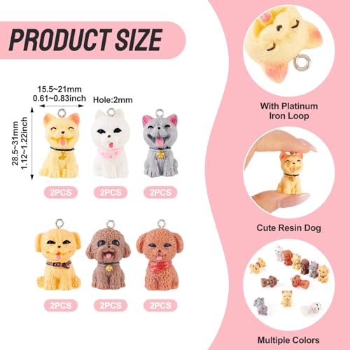 Beadthoven 12Pcs Mini Resin Dog Charms, 3D Cute Dog Pendants Cute Cartoon Puppy Pet Animal Resin Dangle Beads with Metal Loop for DIY Earrings Keychain Necklace Jewelry Making Bag Charms Accessory - color: Dog-6 Styles