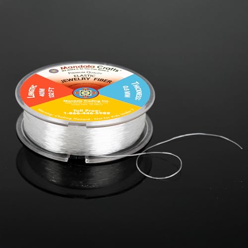Mandala Crafts Very Strong 0.6mm Elastic String for Jewelry Making - 132 FT Heavy Duty Round Stretchy Clear String Jewelry Fiber Elastic Cord Spool for Decorative Threading Applications - size: 0.6mm 40M 132 Feet