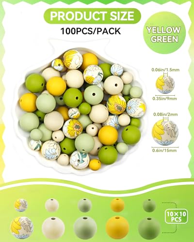 100PCS FIVEIZERO Silicone Beads for Keychain Making, 9mm & 15mm Yellow Green Mixed 5 Colors Silicone Focal Beads for Bracelets, Beadable Pens and DIY Crafts - color: Yellow Green