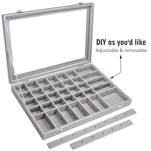 Siveit Jewelry Tray Organizer Box 48 Grid Jewelry Display Organizer Box with Transparent Lid Rings Earrings Necklaces Pendants Display Box Suitable for Women and Girls (48 Grid, Silver Grey) - color: Grey