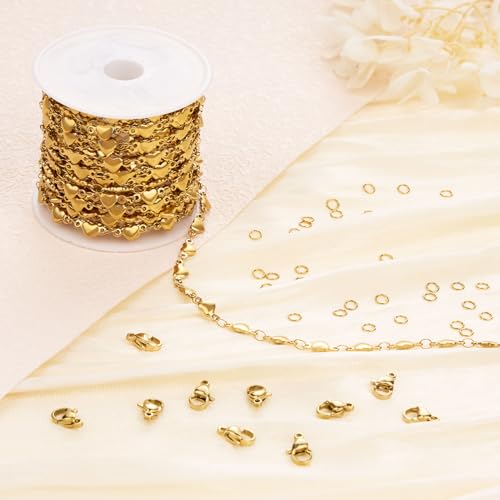 Jabogrii 13 Feet Gold Heart Chain for Jewelry Making Stainless Steel Craft Chain Spool DIY Jewelry Findings - color: Heart Gold