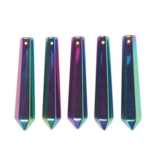 50mm Metallic Rainbow Coated Hematite Hexagonal Wand Jewelry Making Crystal Pointed Chakra Reiki Healing Beads 2mm Hole Drilled(Pack of 5) - color: Metallic Rainbow Coated Hematite