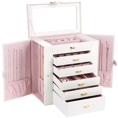 Kendal Extra Large Jewelry Box Jewelry Case PU Leather 6 Tier 5 Drawers Large Storage Capacity with Mirror Jewelry Storage Organizer Great Gift Also Good For Watches LJC-SHD5CM(White) - color: White, size: Extra-Large(12.7"x12"x6.7")