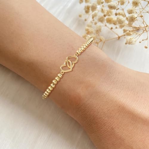Mothers Day Gifts - Beaded Bracelets for Women 14K Silver Gold Plated Stretch Handmade Ball Bracelets Cute Charm Bracelet Dainty Stackable Cross Heart Bow Wave CZ Circle Trendy Jewelry Easter Gifts - color: double-heart