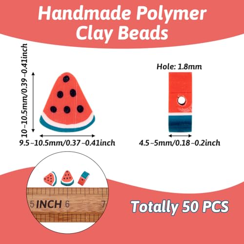 50PCS Handmade Polymer Clay Beads Watermelon Slice Loose Beads Fruit Theme Spacer Beads for DIY Bracelet Necklace Earring Charm Jewelry Making Hole 1.8mm - color: Watermelon Slice
