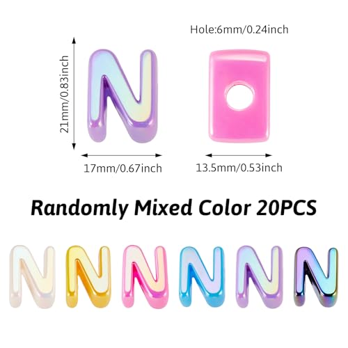 Beadthoven 20pcs Big Letter N Beads Large Hole Bubble Alphabet Acrylic Beads Charm Iridescent Plastic N Shape Loose Chunky Spacers for Jewelry Making Bracelet Necklace Keychains Shoelaces Crafts - color: N