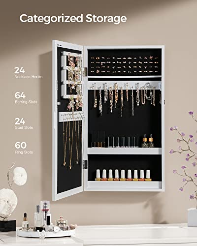 SONGMICS Lockable Jewelry Cabinet Armoire with Mirror, Wall-Mounted Space Saving Jewelry Storage Organizer, White UJJC51WT - color: White, style: Essential Capacity