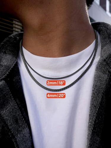 FaithHeart Mens Black/Silver/Gold Stainless Steel Flat Box Link Chain Necklace, Stylish 2/4/6/8mm Width Box Chains Necklaces for Men Non Tarnish Hip Hop Chain Jewelry Gifts,14"-30" Length - color: 2mm Width-Black, size: 28 Inches Length