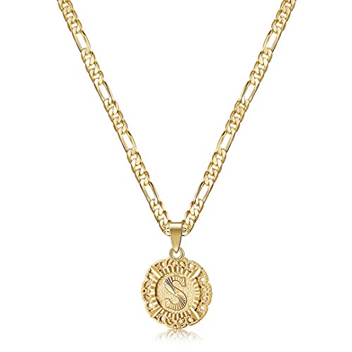 KissYan Initial Necklaces for Women, 14K Gold Plated Round Letter Pendant Capital Monogram Necklace Alphabets from A-Z Figaro Chain Jewelry - color: Gold, style: S