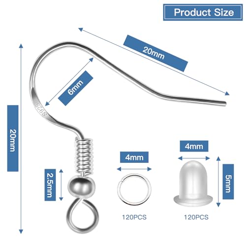 925 Sterling Silver Earring Hooks, 600PCS Earring Making kit 200PCS/100Pairs Hypoallergenic Ear Wires with 200PCS Silver Open Jump Rings and 200PCS Rubber Backs Earring Backs for Jewelry Making - size: 600pcs-Silver