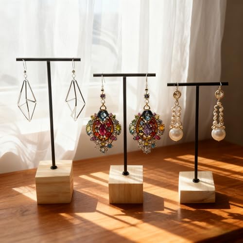 3pcs Black Metal T-Bar Wood Jewlery Display Stand with Square Wooden Base Earring Jewelry Hanging Holder