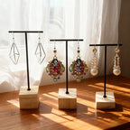3pcs Black Metal T-Bar Wood Jewlery Display Stand with Square Wooden Base Earring Jewelry Hanging Holder