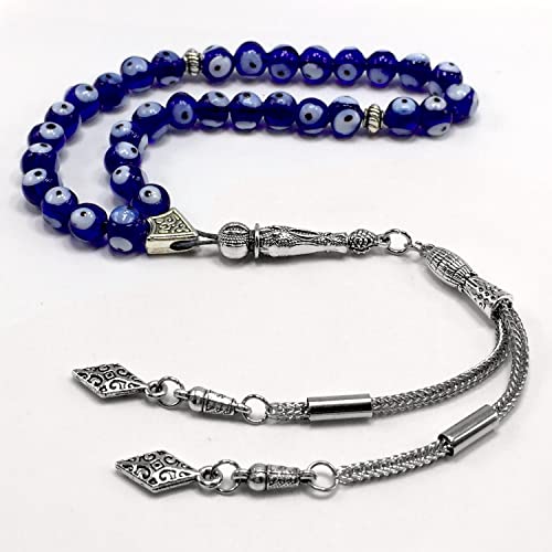 Simple Designed Natural Stone Worry Beads (8mm -33 Beads) - Prayer Beads Tesbih-Tasbih-Tasbeeh-Misbaha-Subha-Sebha-Sibha-Rosary (Evil Eye -8 mm 33- Beads) - color: Evil Eye -8 mm 33- Beads