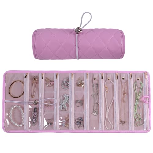 Travel Jewelry Organizer Roll with Zippered Pockets,Hangable | PU Leather,Tangle-Free Portable Jewelry Storage Bag for Women | Holder for Necklaces, Earrings, Rings, Bracelets (Pink) - color: Pink