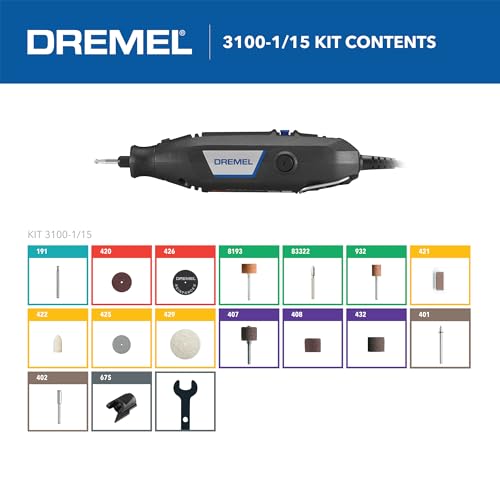 Dremel 3100-1/15 Variable Speed Rotary Tool Kit- 1 Attachment and 15 Accessories, Ideal for a Variety of Crafting and DIY Projects- Cutting, Sanding, Grinding, Polishing, Drilling, and Engraving - style: 16-Piece Kit