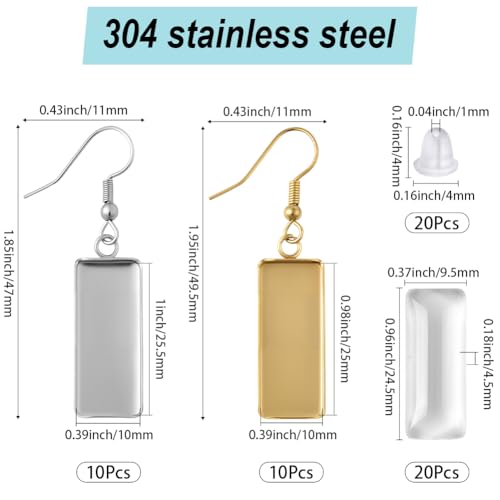 1 Box 60Pcs 20 Sets Earring Blank Tray Bezel Set Earring Blanks 10x25mm Rectangle Pendant Trays with Glass Cabochons Settings Silicone Ear Backs for Jewelry Making Supplies DIY Dangle Charms - style: Style 5