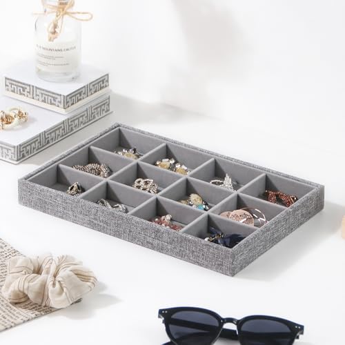 Stackable Jewelry Organizer Tray For Drawers,White Leather Small Earring Storage Tray,Bracelet And Necklace Display Box,Jewelry Ring Display Case (Gray 12 Grids) - style: Gray 12 Grids