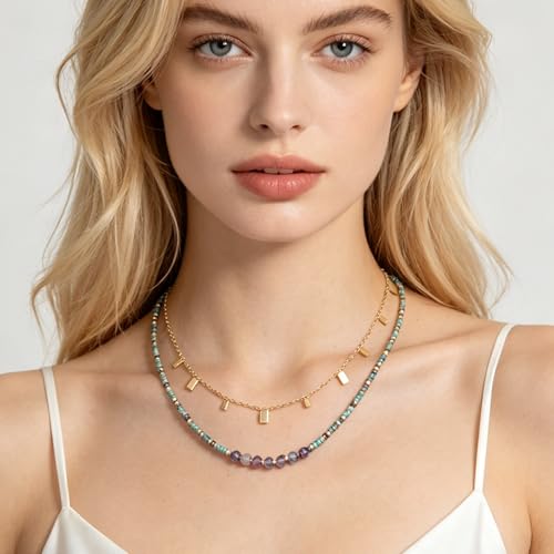 Plumiss Boho Handmade Natural Jasper Stone Beaded Crystal Mixed Strand Short Necklace for Women Girl - color: Fluorite