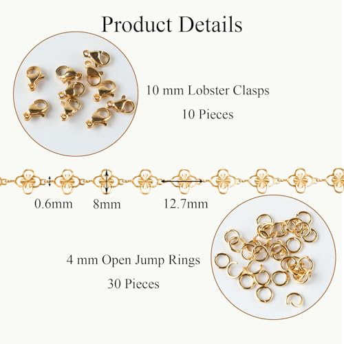 Jabogrii 16.4 Feet Gold Stainless Steel Chain for Jewelry Making Four Leaf Clover Chain Bulk Spool DIY Jewelry Making Supplies - color: FLower Gold