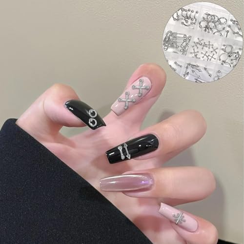 120 Pcs Mixed Nail Charms, CYHYII 1 Box Silver 3D Star Retro Nail Art Charm Y2K Metal Cross for Acrylic Nail Nail Art Design DIY Craft(12 Styles) - color: 120P MIXED