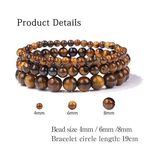 3 PCS Healing Crystal Bracelets for Women 8mm Natural Stone Beaded Stretch Bracelet Amethyst Jewelry Gifts - color: 4,6,8mm Tiger Eye