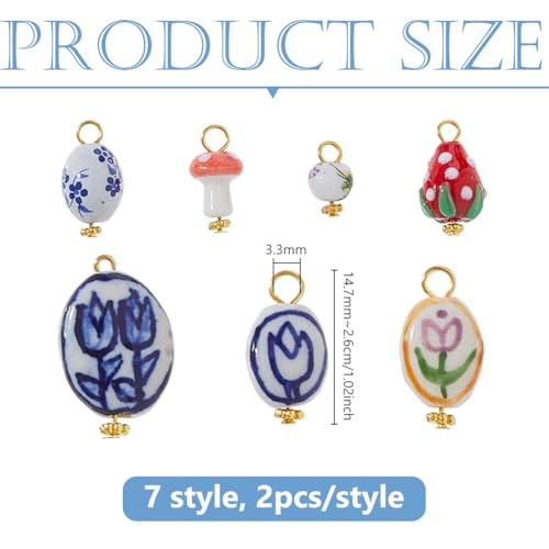 DICOSMETIC 14Pcs 7 Style Ceramic Porcelain Beads Charms Bulk Assorted Ceramic Charms Set Flower Mushroom Strawberry Small Jewelry Charm for Bracelet Necklace Earring Jewelry Making