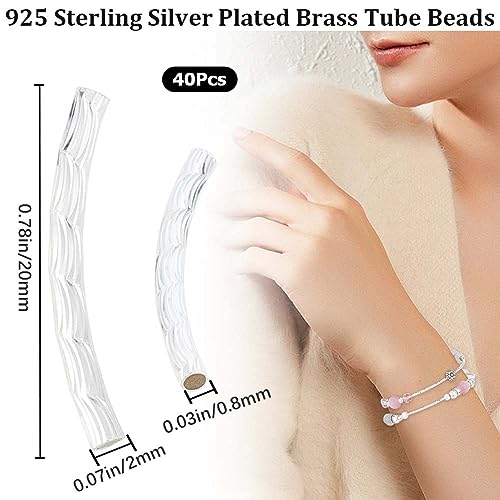 CREATCABIN 40 Pcs Curved Tube Beads Sleek Noodle Beads Long Large 925 Sterling Silver Plated Brass Hole Spacer Connectors Bulk Tube Twist for DIY Jewelry Making Necklaces Findings 20mm - color: 01-silvery