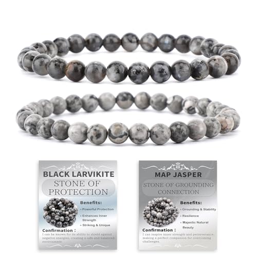 NCB 2.3-Piece 4mm Natural Crystal Gemstone Stretch Bracelets – Handmade Reiki Energy Healing Jewelry for Meditation,Yoga, Unisex - color: 2PCS ( Black Larvikite+Map Jasper ), size: 6mm