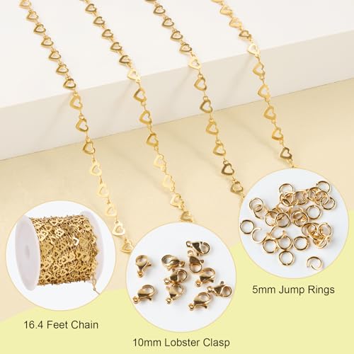 SMYHTGLIF 5 Meters Flat Heart Chain Bulk for Jewelry Making Stainless Steel Chain Bulk Roll with Lobster Clasps and Jump Rings - color: Heart Gold