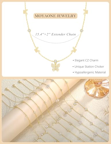 Dainty Gold Necklace for Women Trendy 14K Gold Plated Pearl Cross Clover Butterfly CZ Charm Pendant Chain Station Necklaces Waterproof Non Tarnish Layered Choker Cute Jewelry Gifts - color: G-butterfly