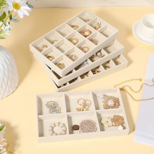 12 Pcs Velvet Jewelry Organizer Trays Set, 4 Styles Stackable Drawer Organizer with Removable Dividers, Storage and Display for Earrings, Necklaces, Bracelets, Rings, Vanity Dresser Storage Box, Beige